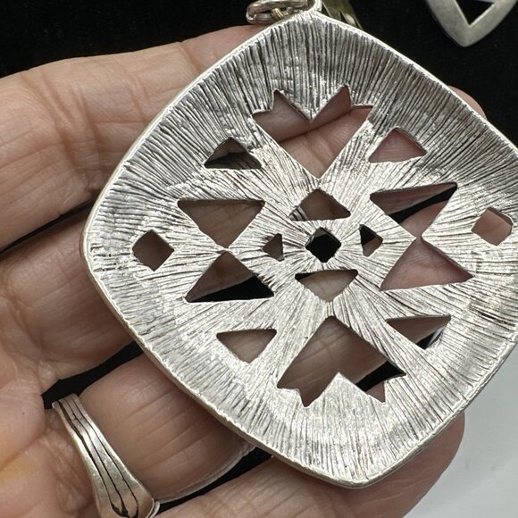 Set Necklace Earrings SilverTone Brass Tribal Geometric Cut Out Rope Chain 18”3” - Picture 7 of 14